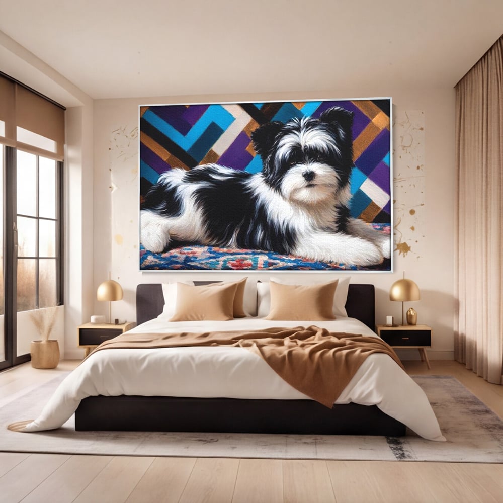 Premium Canvas Wandkunst, LuxCanva® M1293, Farbige Ecke, Raum, Teppich, Abstrakt, Geometrisch, Blanos, Decken, Hund, Wandteppich, Design, Heim, Kamin, Formen, Büro, Wohnen, Wohnzimmer, Babyzimmer