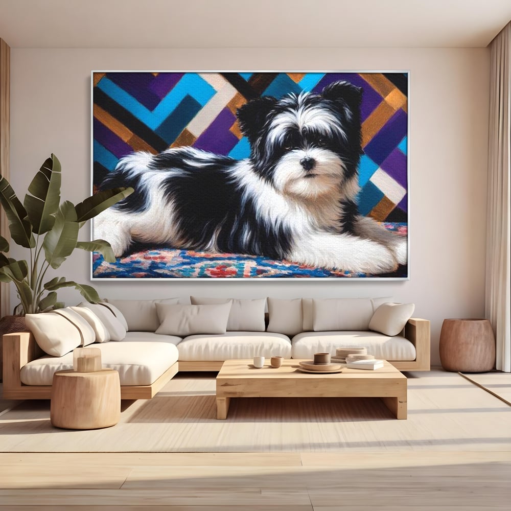 Premium Canvas Wandkunst, LuxCanva® M1293, Farbige Ecke, Raum, Teppich, Abstrakt, Geometrisch, Blanos, Decken, Hund, Wandteppich, Design, Heim, Kamin, Formen, Büro, Wohnen, Wohnzimmer, Babyzimmer