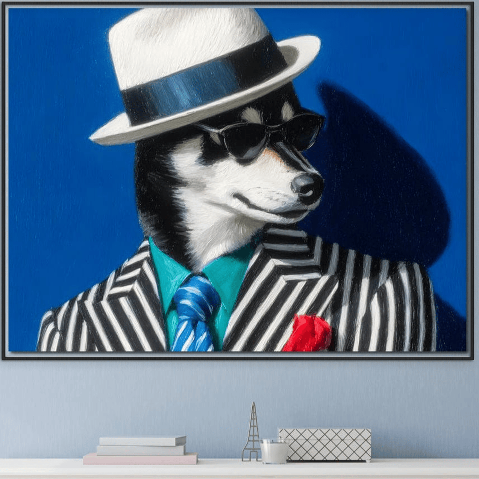 Tablou Canvas Premium, LuxCanva® M1294, Un Husky cu Stil, Elegant, Costum, Palarie, Dungi, Cravata, Ochelari, Cool, Fashion, Caine, Husky, Birou, Living, Camera Copil
