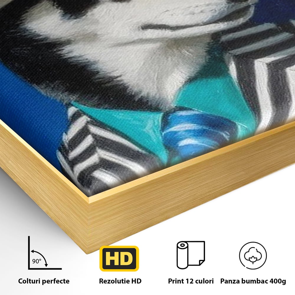 Tablou Canvas Premium, LuxCanva® M1294, Un Husky cu Stil, Elegant, Costum, Palarie, Dungi, Cravata, Ochelari, Cool, Fashion, Caine, Husky, Birou, Living, Camera Copil