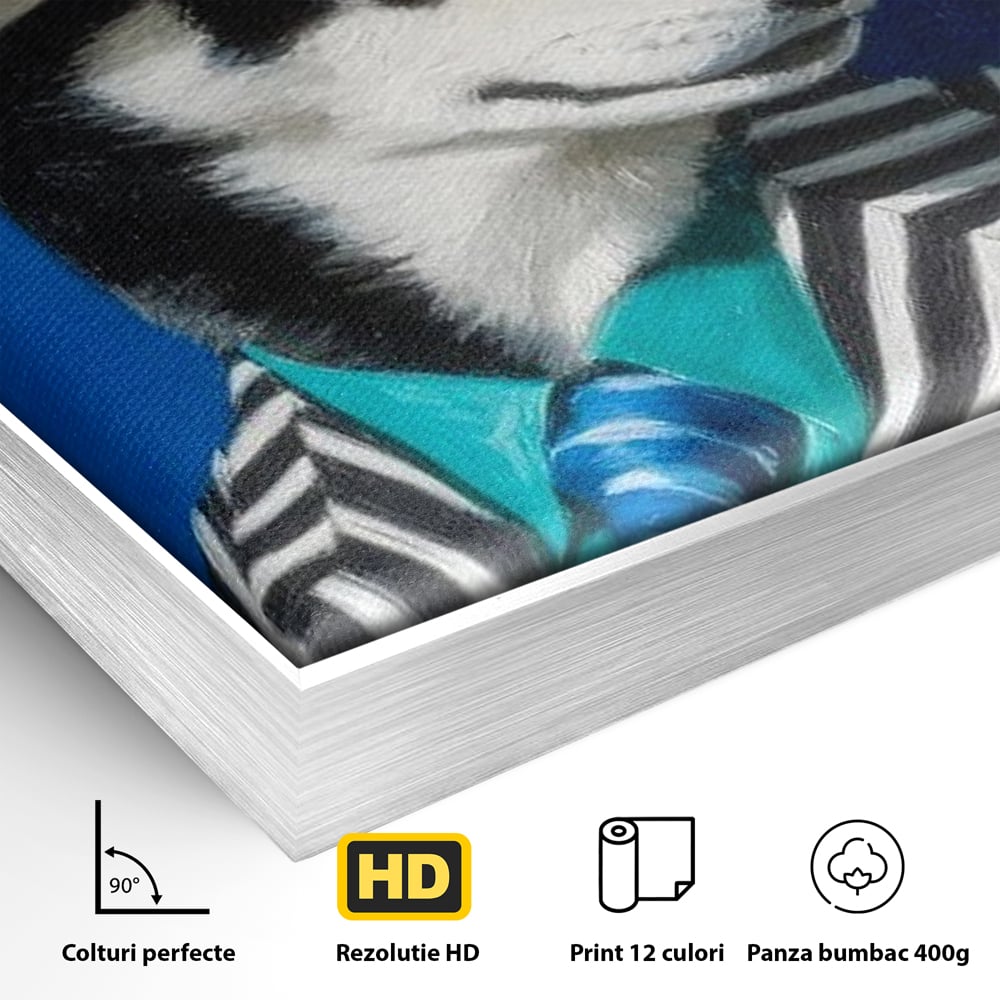 Tablou Canvas Premium, LuxCanva® M1294, Un Husky cu Stil, Elegant, Costum, Palarie, Dungi, Cravata, Ochelari, Cool, Fashion, Caine, Husky, Birou, Living, Camera Copil