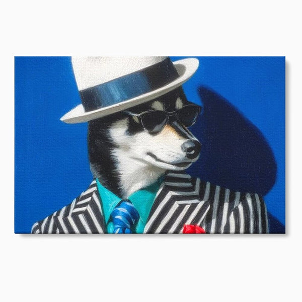 Tablou Canvas Premium, LuxCanva® M1294, Un Husky cu Stil, Elegant, Costum, Palarie, Dungi, Cravata, Ochelari, Cool, Fashion, Caine, Husky, Birou, Living, Camera Copil