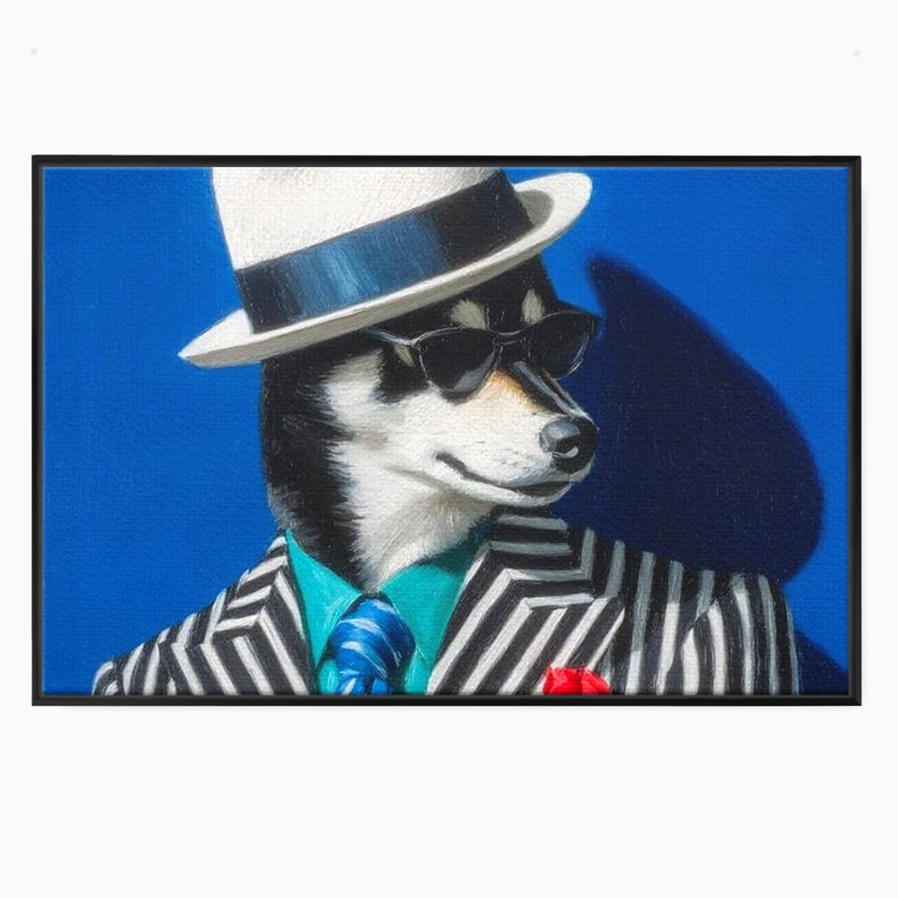 Tablou Canvas Premium, LuxCanva® M1294, Un Husky cu Stil, Elegant, Costum, Palarie, Dungi, Cravata, Ochelari, Cool, Fashion, Caine, Husky, Birou, Living, Camera Copil