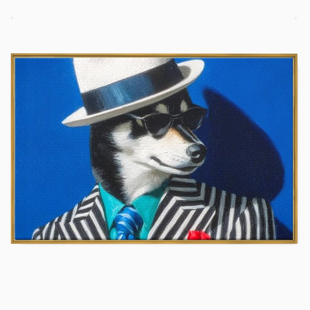 Tablou Canvas Premium, LuxCanva® M1294, Un Husky cu Stil, Elegant, Costum, Palarie, Dungi, Cravata, Ochelari, Cool, Fashion, Caine, Husky, Birou, Living, Camera Copil