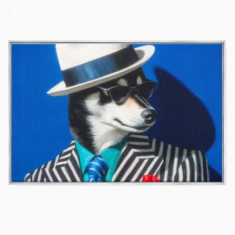 Tablou Canvas Premium, LuxCanva® M1294, Un Husky cu Stil, Elegant, Costum, Palarie, Dungi, Cravata, Ochelari, Cool, Fashion, Caine, Husky, Birou, Living, Camera Copil