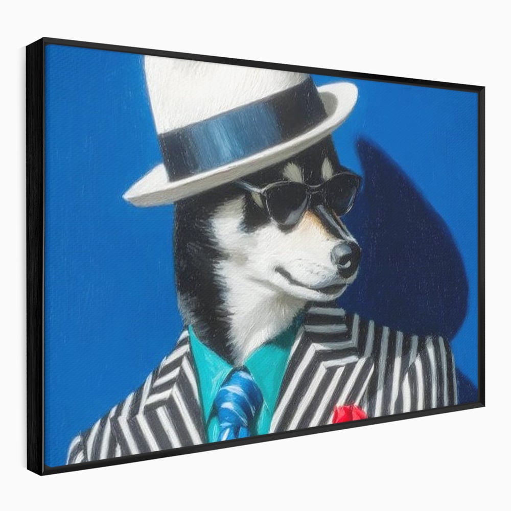 Tablou Canvas Premium, LuxCanva® M1294, Un Husky cu Stil, Elegant, Costum, Palarie, Dungi, Cravata, Ochelari, Cool, Fashion, Caine, Husky, Birou, Living, Camera Copil