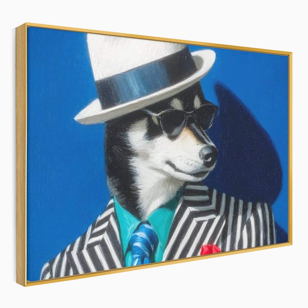 Tablou Canvas Premium, LuxCanva® M1294, Un Husky cu Stil, Elegant, Costum, Palarie, Dungi, Cravata, Ochelari, Cool, Fashion, Caine, Husky, Birou, Living, Camera Copil