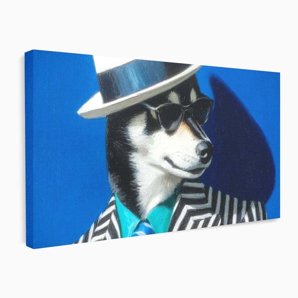Tablou Canvas Premium, LuxCanva® M1294, Un Husky cu Stil, Elegant, Costum, Palarie, Dungi, Cravata, Ochelari, Cool, Fashion, Caine, Husky, Birou, Living, Camera Copil