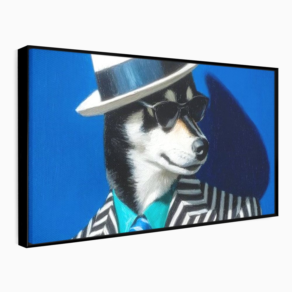 Tablou Canvas Premium, LuxCanva® M1294, Un Husky cu Stil, Elegant, Costum, Palarie, Dungi, Cravata, Ochelari, Cool, Fashion, Caine, Husky, Birou, Living, Camera Copil