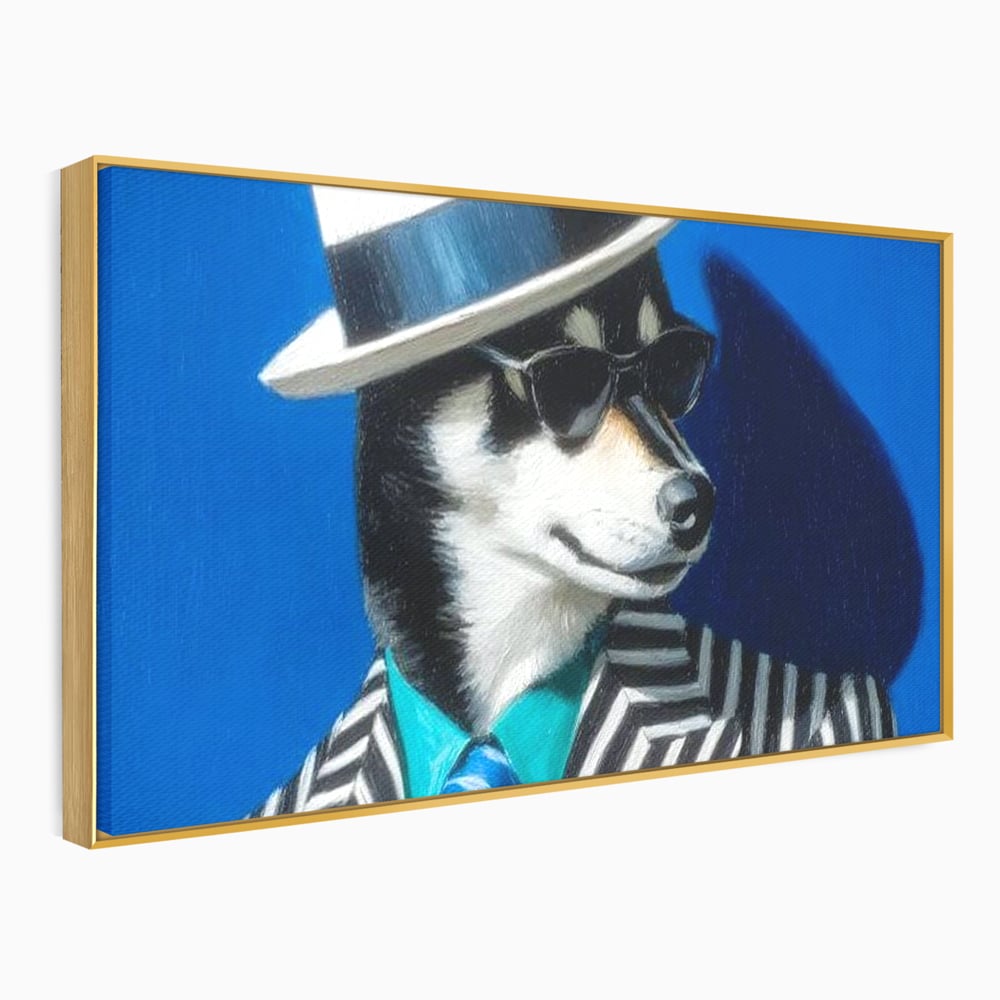 Tablou Canvas Premium, LuxCanva® M1294, Un Husky cu Stil, Elegant, Costum, Palarie, Dungi, Cravata, Ochelari, Cool, Fashion, Caine, Husky, Birou, Living, Camera Copil