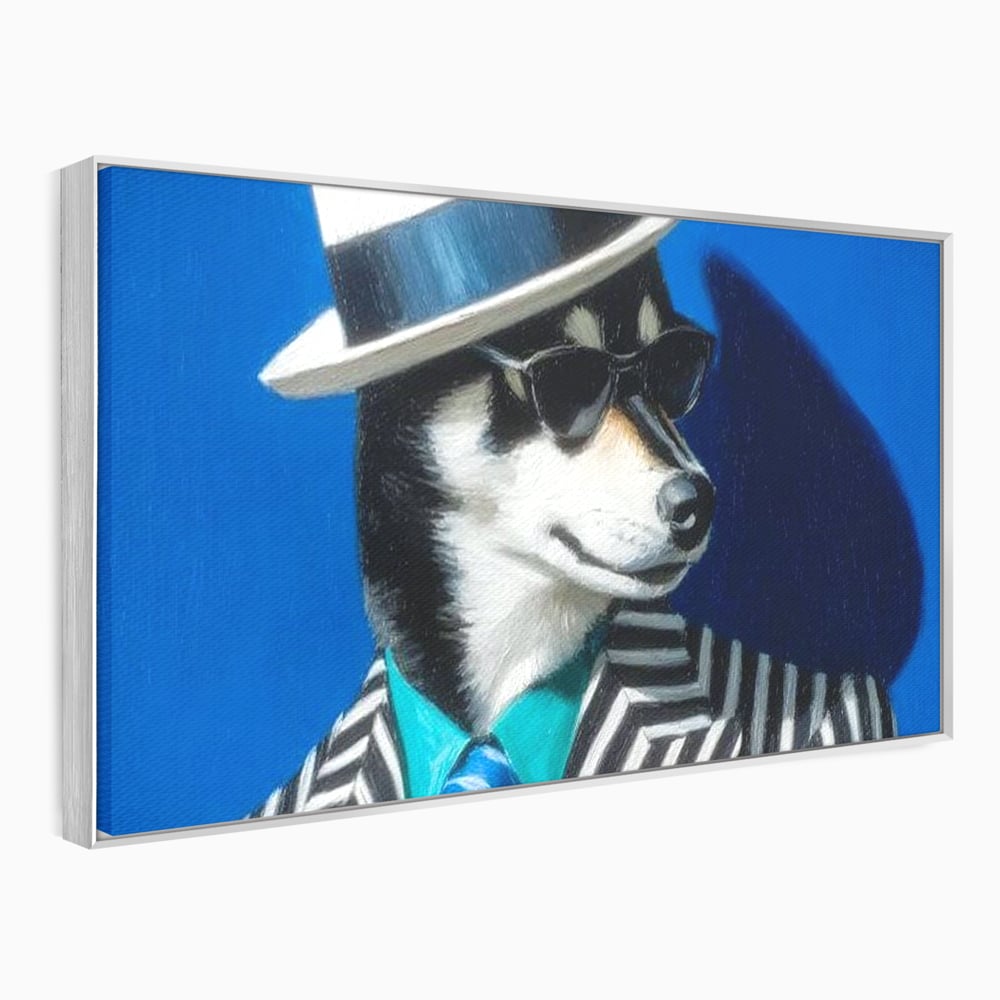 Tablou Canvas Premium, LuxCanva® M1294, Un Husky cu Stil, Elegant, Costum, Palarie, Dungi, Cravata, Ochelari, Cool, Fashion, Caine, Husky, Birou, Living, Camera Copil