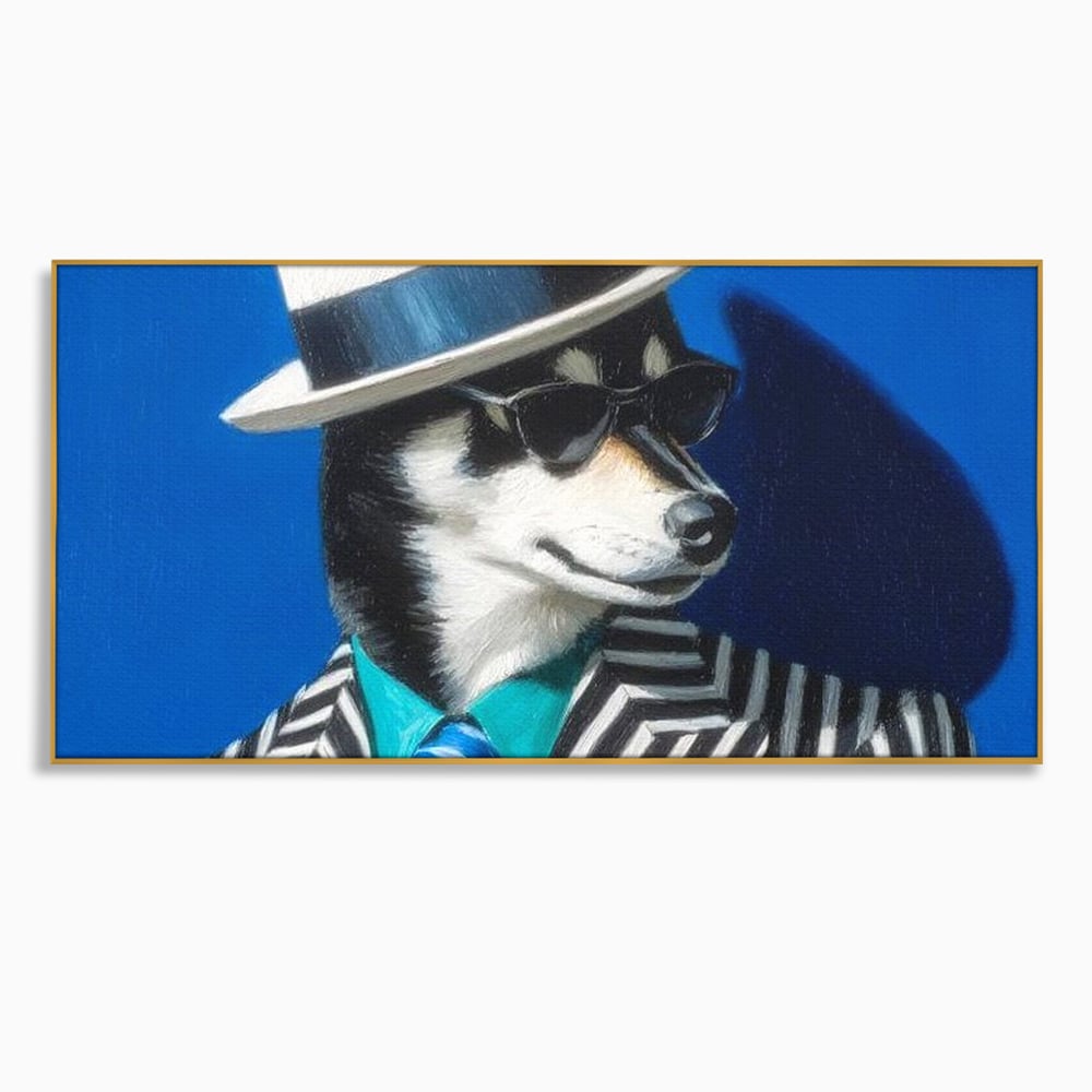 Tablou Canvas Premium, LuxCanva® M1294, Un Husky cu Stil, Elegant, Costum, Palarie, Dungi, Cravata, Ochelari, Cool, Fashion, Caine, Husky, Birou, Living, Camera Copil