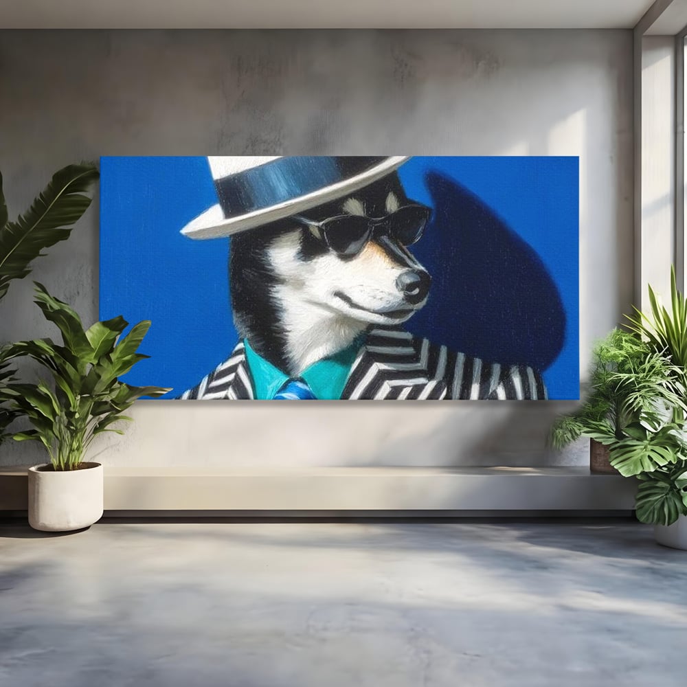 Tablou Canvas Premium, LuxCanva® M1294, Un Husky cu Stil, Elegant, Costum, Palarie, Dungi, Cravata, Ochelari, Cool, Fashion, Caine, Husky, Birou, Living, Camera Copil