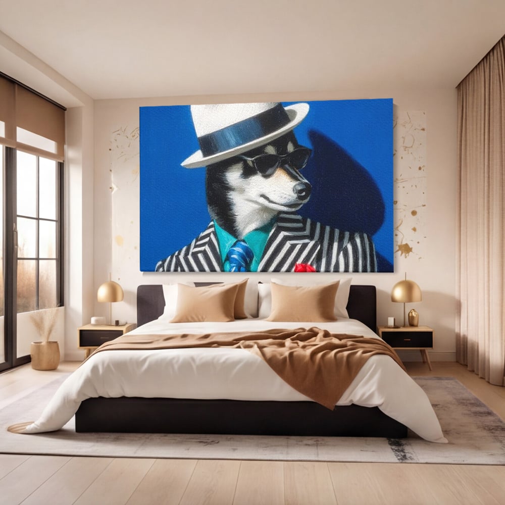 Tablou Canvas Premium, LuxCanva® M1294, Un Husky cu Stil, Elegant, Costum, Palarie, Dungi, Cravata, Ochelari, Cool, Fashion, Caine, Husky, Birou, Living, Camera Copil