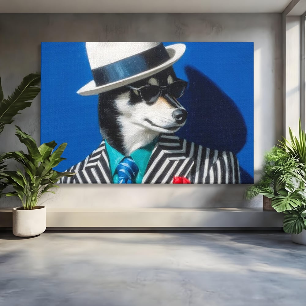 Tablou Canvas Premium, LuxCanva® M1294, Un Husky cu Stil, Elegant, Costum, Palarie, Dungi, Cravata, Ochelari, Cool, Fashion, Caine, Husky, Birou, Living, Camera Copil