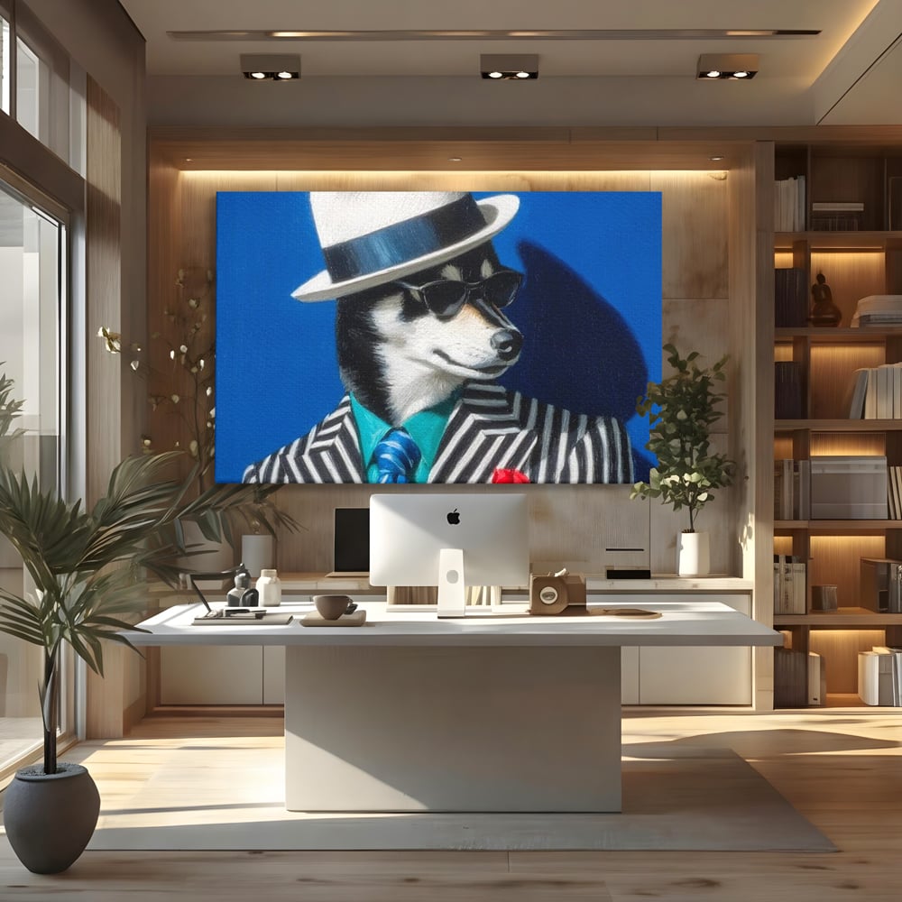 Tablou Canvas Premium, LuxCanva® M1294, Un Husky cu Stil, Elegant, Costum, Palarie, Dungi, Cravata, Ochelari, Cool, Fashion, Caine, Husky, Birou, Living, Camera Copil