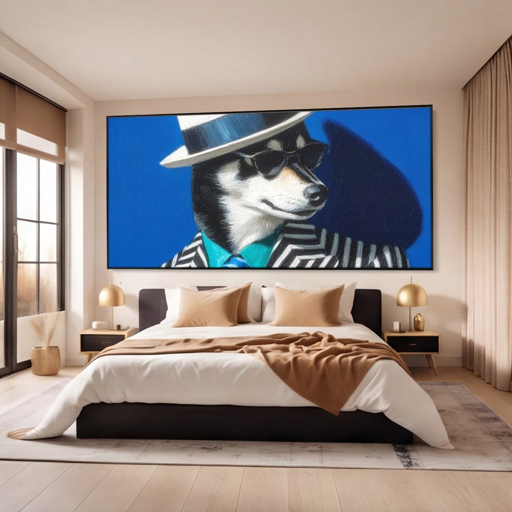 Tablou Canvas Premium, LuxCanva® M1294, Un Husky cu Stil, Elegant, Costum, Palarie, Dungi, Cravata, Ochelari, Cool, Fashion, Caine, Husky, Birou, Living, Camera Copil
