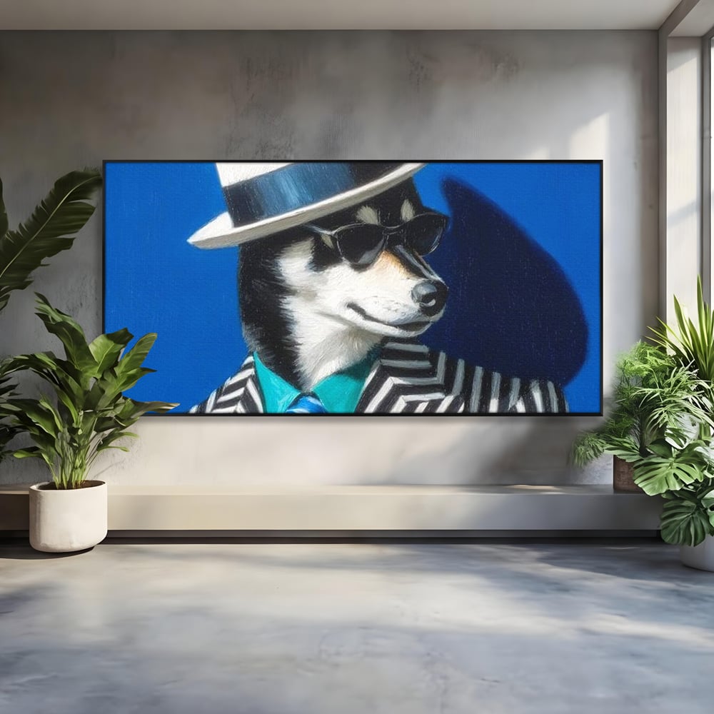 Tablou Canvas Premium, LuxCanva® M1294, Un Husky cu Stil, Elegant, Costum, Palarie, Dungi, Cravata, Ochelari, Cool, Fashion, Caine, Husky, Birou, Living, Camera Copil