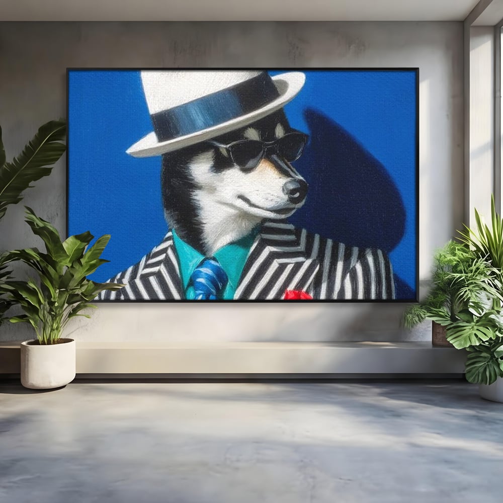 Tablou Canvas Premium, LuxCanva® M1294, Un Husky cu Stil, Elegant, Costum, Palarie, Dungi, Cravata, Ochelari, Cool, Fashion, Caine, Husky, Birou, Living, Camera Copil