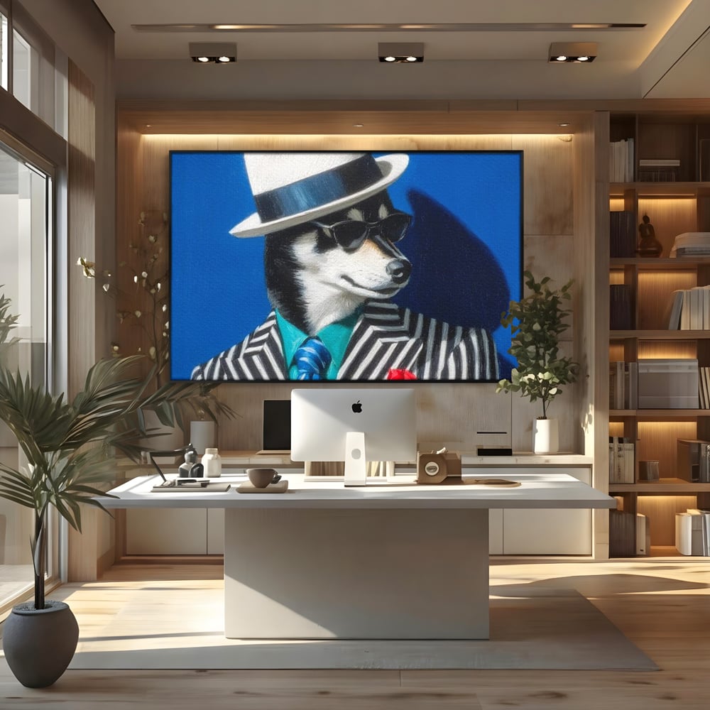Tablou Canvas Premium, LuxCanva® M1294, Un Husky cu Stil, Elegant, Costum, Palarie, Dungi, Cravata, Ochelari, Cool, Fashion, Caine, Husky, Birou, Living, Camera Copil
