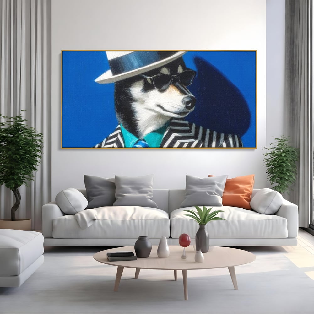 Tablou Canvas Premium, LuxCanva® M1294, Un Husky cu Stil, Elegant, Costum, Palarie, Dungi, Cravata, Ochelari, Cool, Fashion, Caine, Husky, Birou, Living, Camera Copil