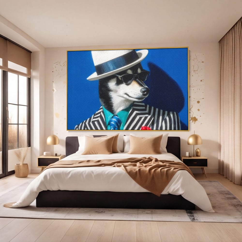 Tablou Canvas Premium, LuxCanva® M1294, Un Husky cu Stil, Elegant, Costum, Palarie, Dungi, Cravata, Ochelari, Cool, Fashion, Caine, Husky, Birou, Living, Camera Copil