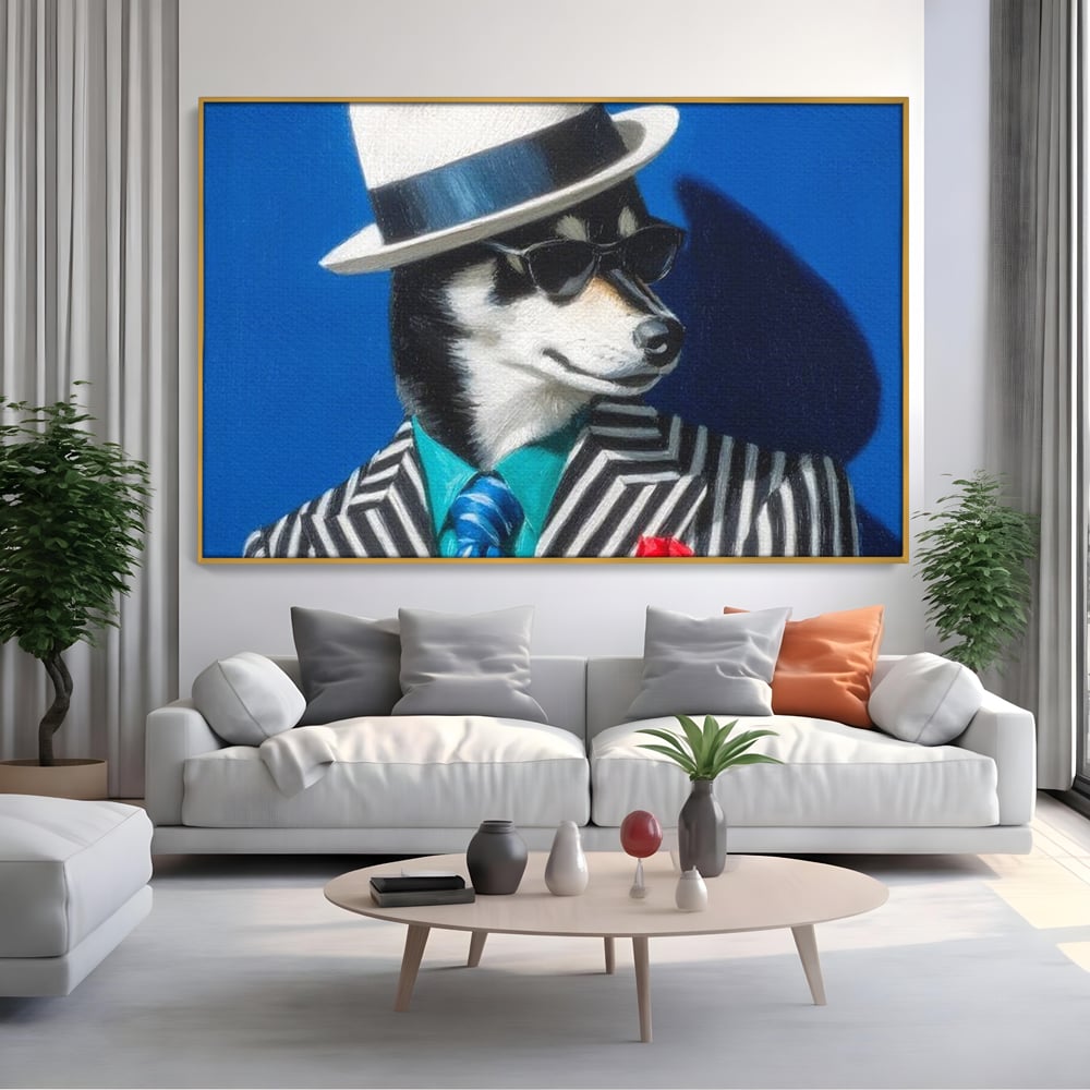 Tablou Canvas Premium, LuxCanva® M1294, Un Husky cu Stil, Elegant, Costum, Palarie, Dungi, Cravata, Ochelari, Cool, Fashion, Caine, Husky, Birou, Living, Camera Copil
