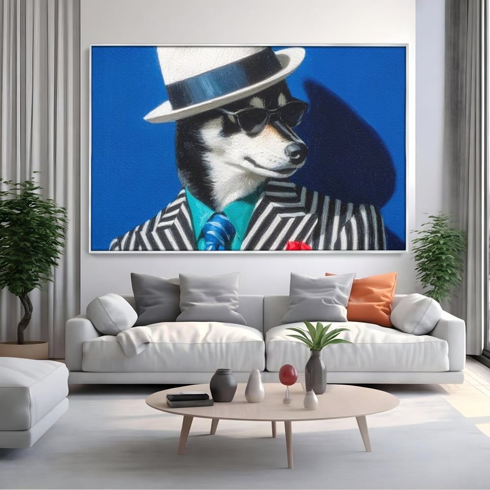 Tablou Canvas Premium, LuxCanva® M1294, Un Husky cu Stil, Elegant, Costum, Palarie, Dungi, Cravata, Ochelari, Cool, Fashion, Caine, Husky, Birou, Living, Camera Copil