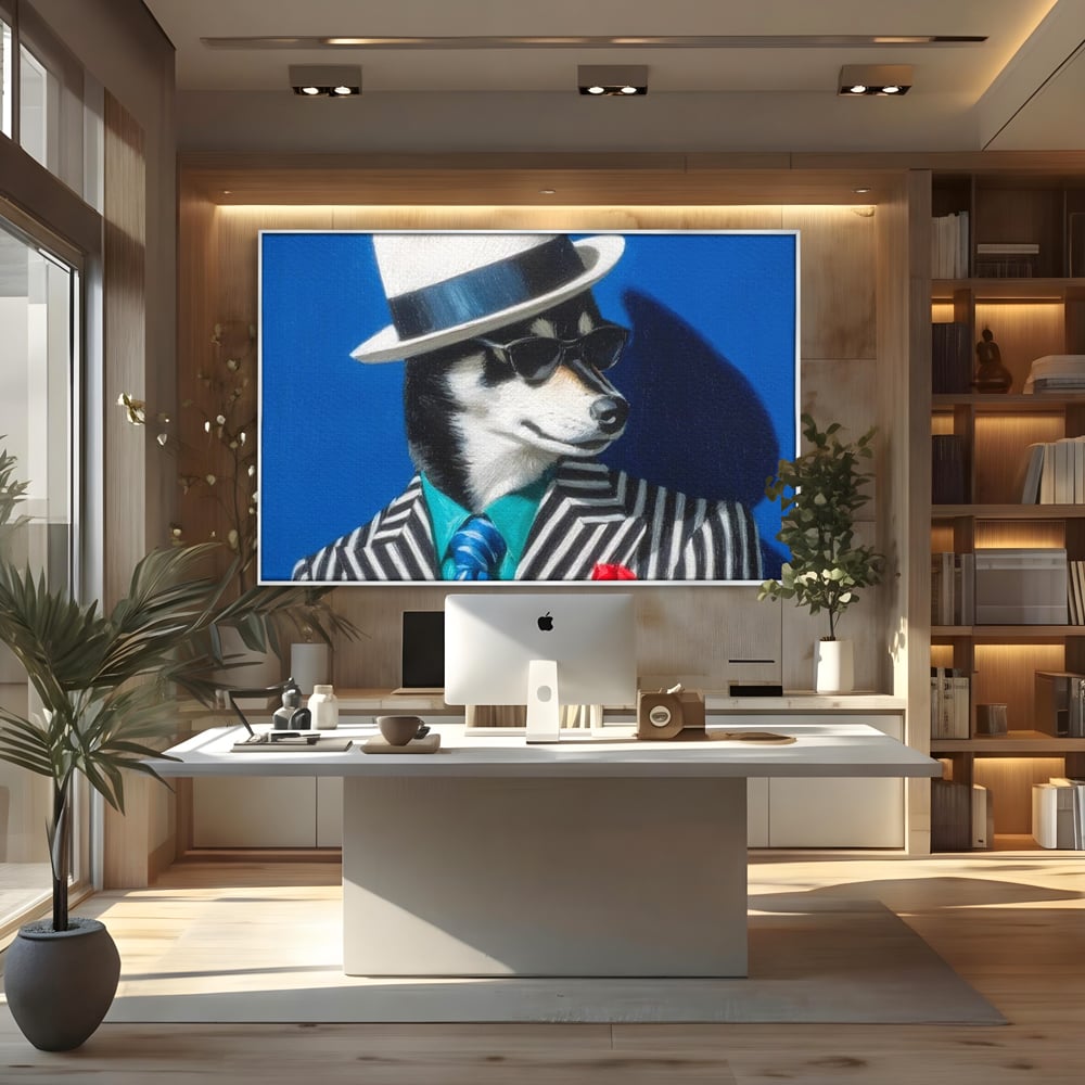 Tablou Canvas Premium, LuxCanva® M1294, Un Husky cu Stil, Elegant, Costum, Palarie, Dungi, Cravata, Ochelari, Cool, Fashion, Caine, Husky, Birou, Living, Camera Copil