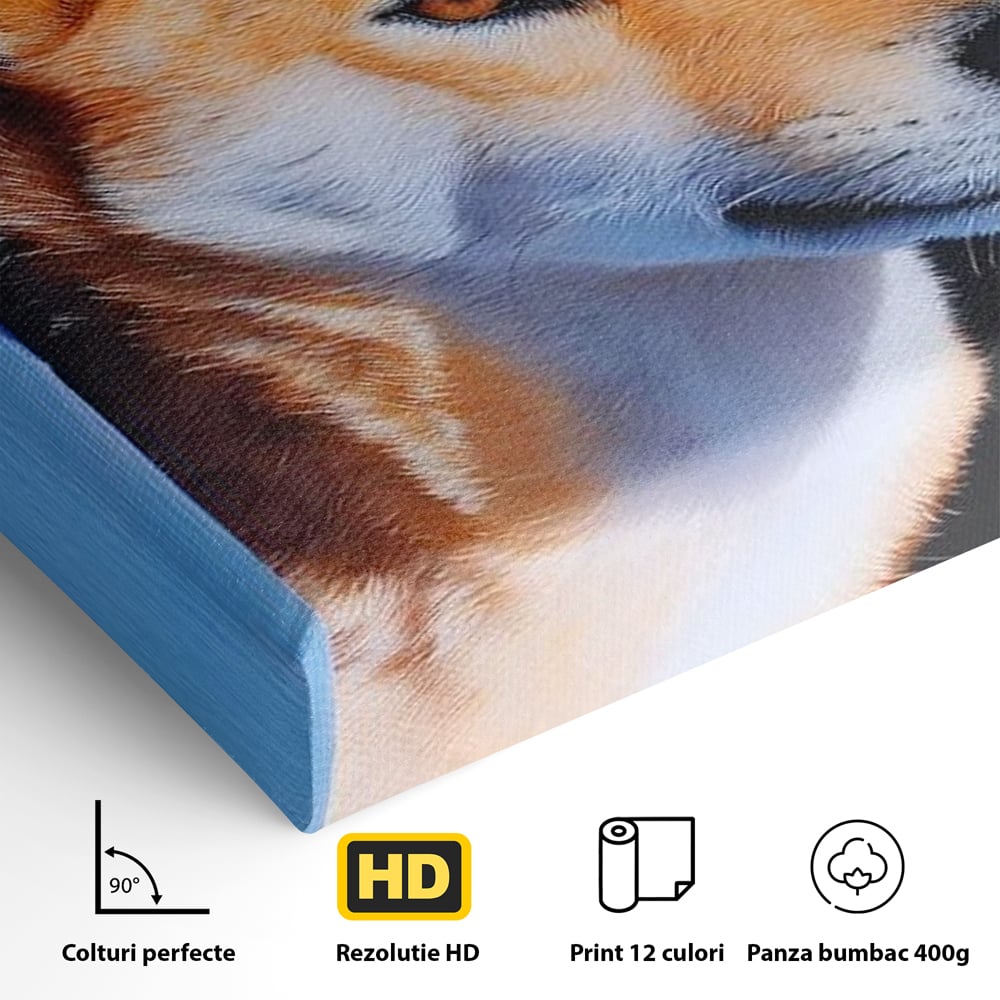 Tablou Canvas Premium, LuxCanva® M1295, Gardianul Zorilor, Rustic, Cabana, Lemn, Shiba, Catel, Zori, Privire, Profil, Umbra, Liniste, Portret, Birou, Living, Camera Copil