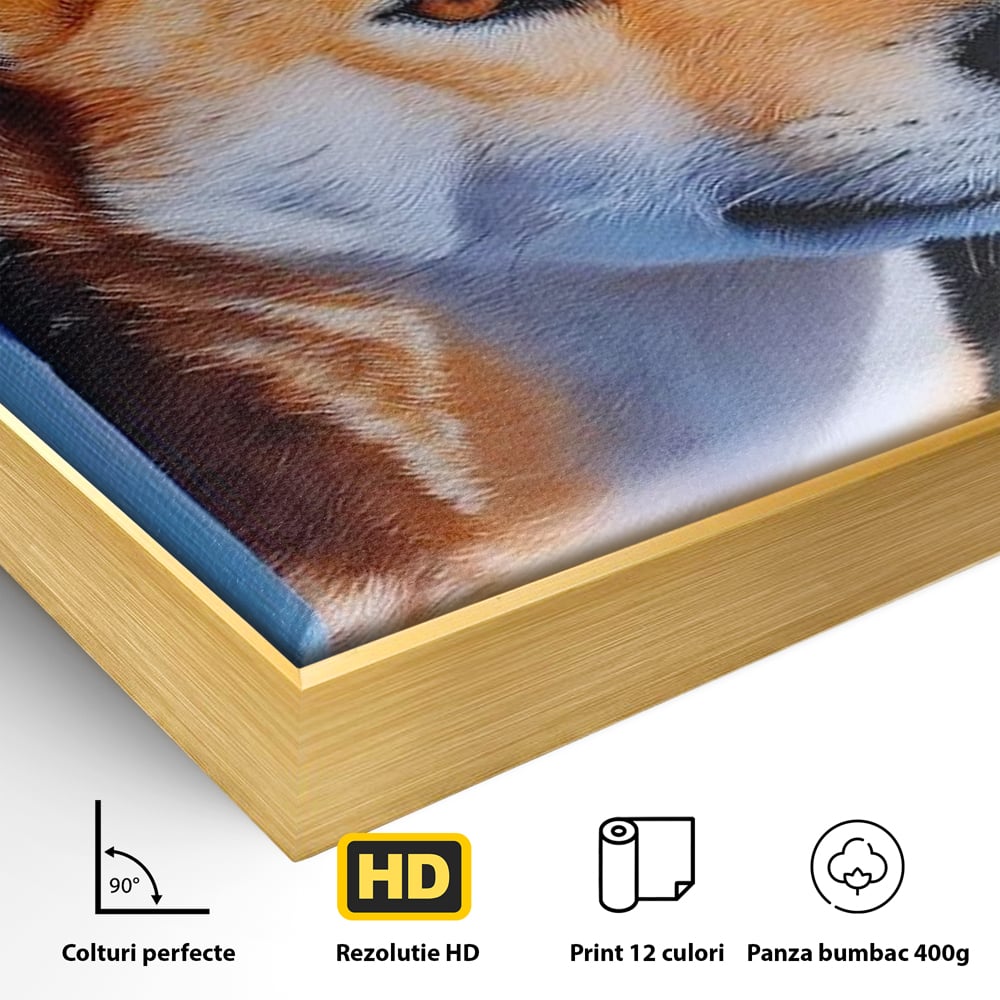 Tablou Canvas Premium, LuxCanva® M1295, Gardianul Zorilor, Rustic, Cabana, Lemn, Shiba, Catel, Zori, Privire, Profil, Umbra, Liniste, Portret, Birou, Living, Camera Copil