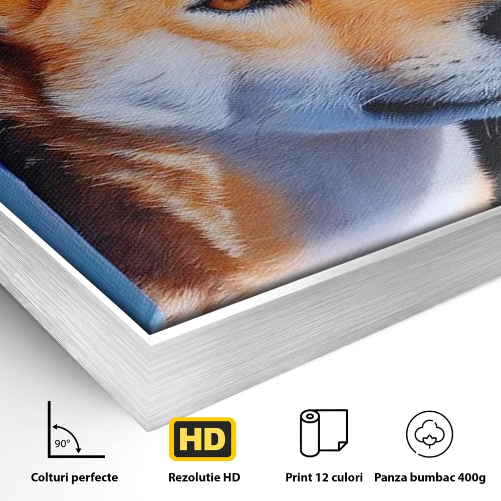 Tablou Canvas Premium, LuxCanva® M1295, Gardianul Zorilor, Rustic, Cabana, Lemn, Shiba, Catel, Zori, Privire, Profil, Umbra, Liniste, Portret, Birou, Living, Camera Copil