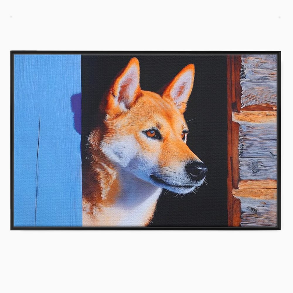 Tablou Canvas Premium, LuxCanva® M1295, Gardianul Zorilor, Rustic, Cabana, Lemn, Shiba, Catel, Zori, Privire, Profil, Umbra, Liniste, Portret, Birou, Living, Camera Copil