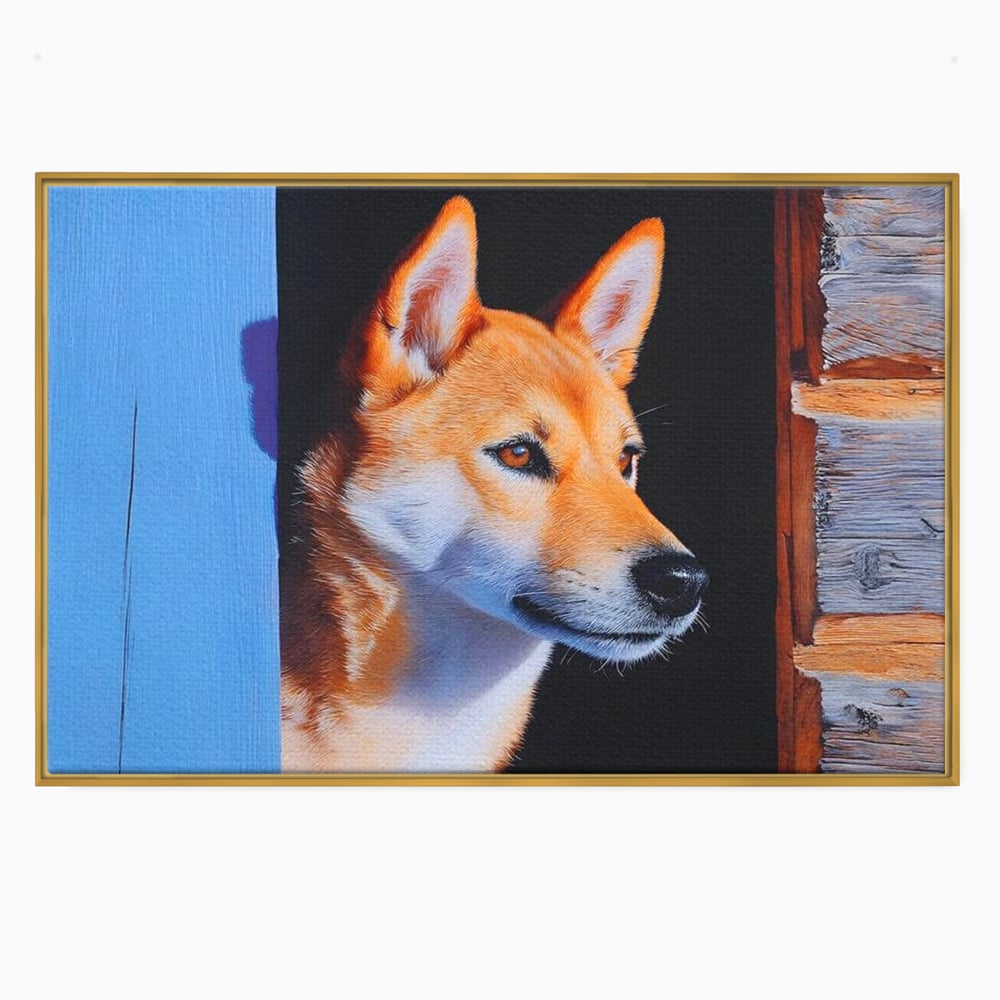 Tablou Canvas Premium, LuxCanva® M1295, Gardianul Zorilor, Rustic, Cabana, Lemn, Shiba, Catel, Zori, Privire, Profil, Umbra, Liniste, Portret, Birou, Living, Camera Copil
