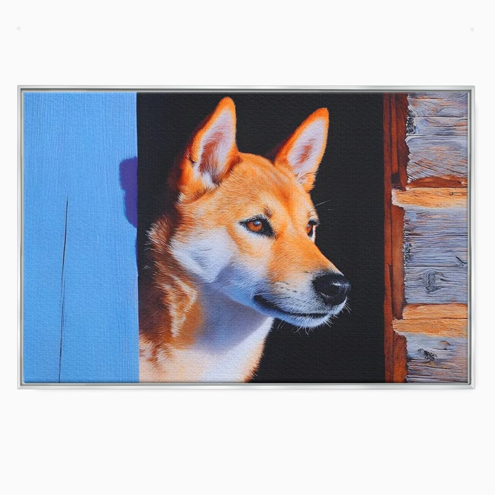 Tablou Canvas Premium, LuxCanva® M1295, Gardianul Zorilor, Rustic, Cabana, Lemn, Shiba, Catel, Zori, Privire, Profil, Umbra, Liniste, Portret, Birou, Living, Camera Copil