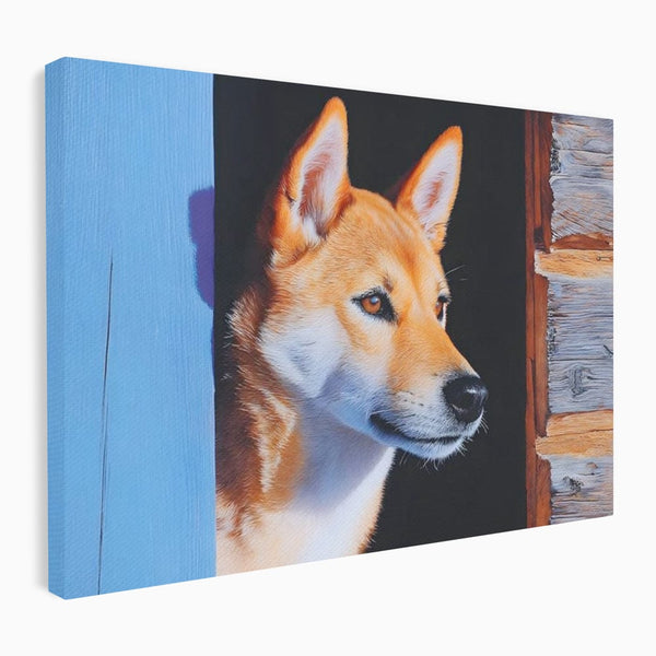 Tablou Canvas Premium, LuxCanva® M1295, Gardianul Zorilor, Rustic, Cabana, Lemn, Shiba, Catel, Zori, Privire, Profil, Umbra, Liniste, Portret, Birou, Living, Camera Copil