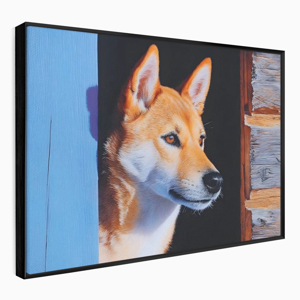 Tablou Canvas Premium, LuxCanva® M1295, Gardianul Zorilor, Rustic, Cabana, Lemn, Shiba, Catel, Zori, Privire, Profil, Umbra, Liniste, Portret, Birou, Living, Camera Copil