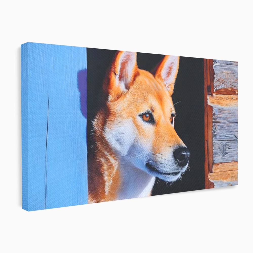 Tablou Canvas Premium, LuxCanva® M1295, Gardianul Zorilor, Rustic, Cabana, Lemn, Shiba, Catel, Zori, Privire, Profil, Umbra, Liniste, Portret, Birou, Living, Camera Copil