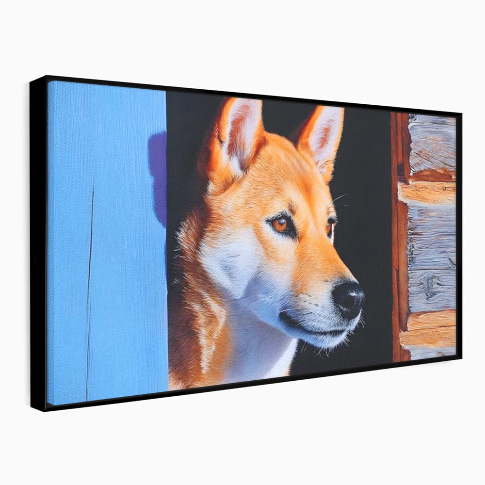 Tablou Canvas Premium, LuxCanva® M1295, Gardianul Zorilor, Rustic, Cabana, Lemn, Shiba, Catel, Zori, Privire, Profil, Umbra, Liniste, Portret, Birou, Living, Camera Copil