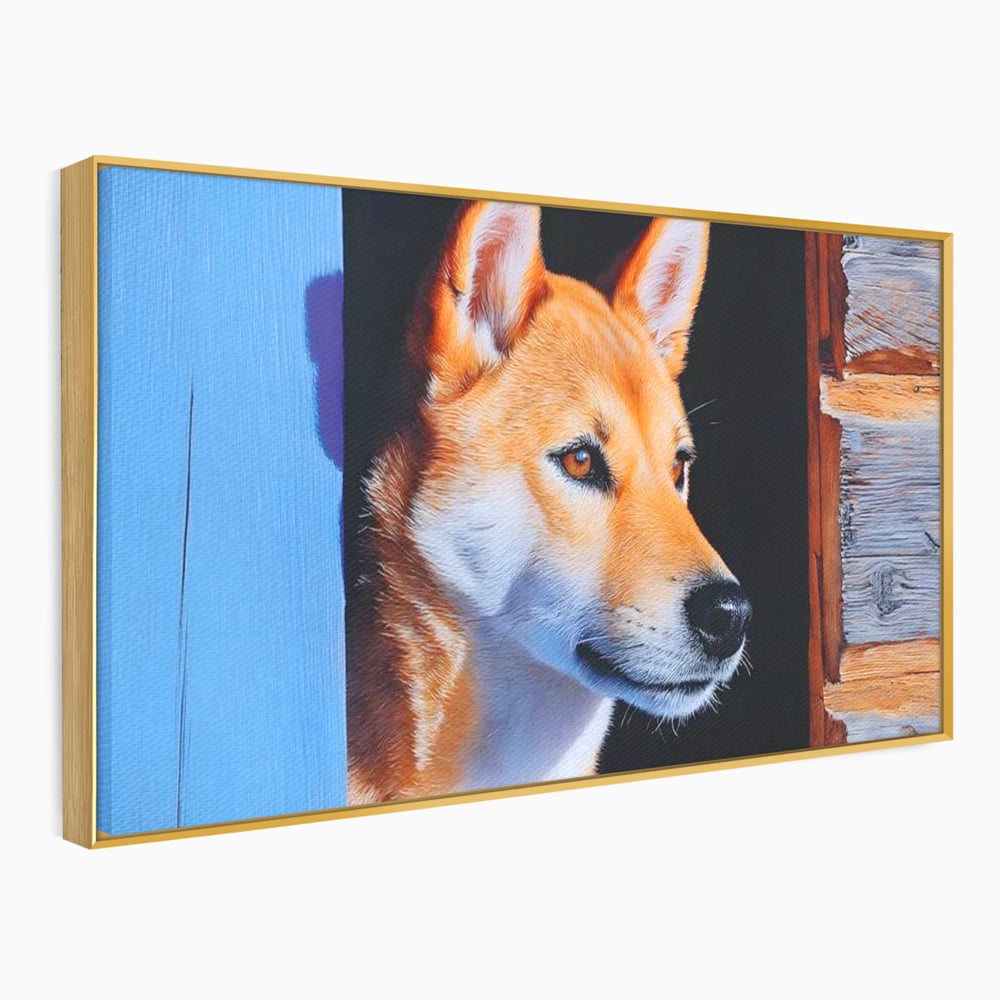 Tablou Canvas Premium, LuxCanva® M1295, Gardianul Zorilor, Rustic, Cabana, Lemn, Shiba, Catel, Zori, Privire, Profil, Umbra, Liniste, Portret, Birou, Living, Camera Copil