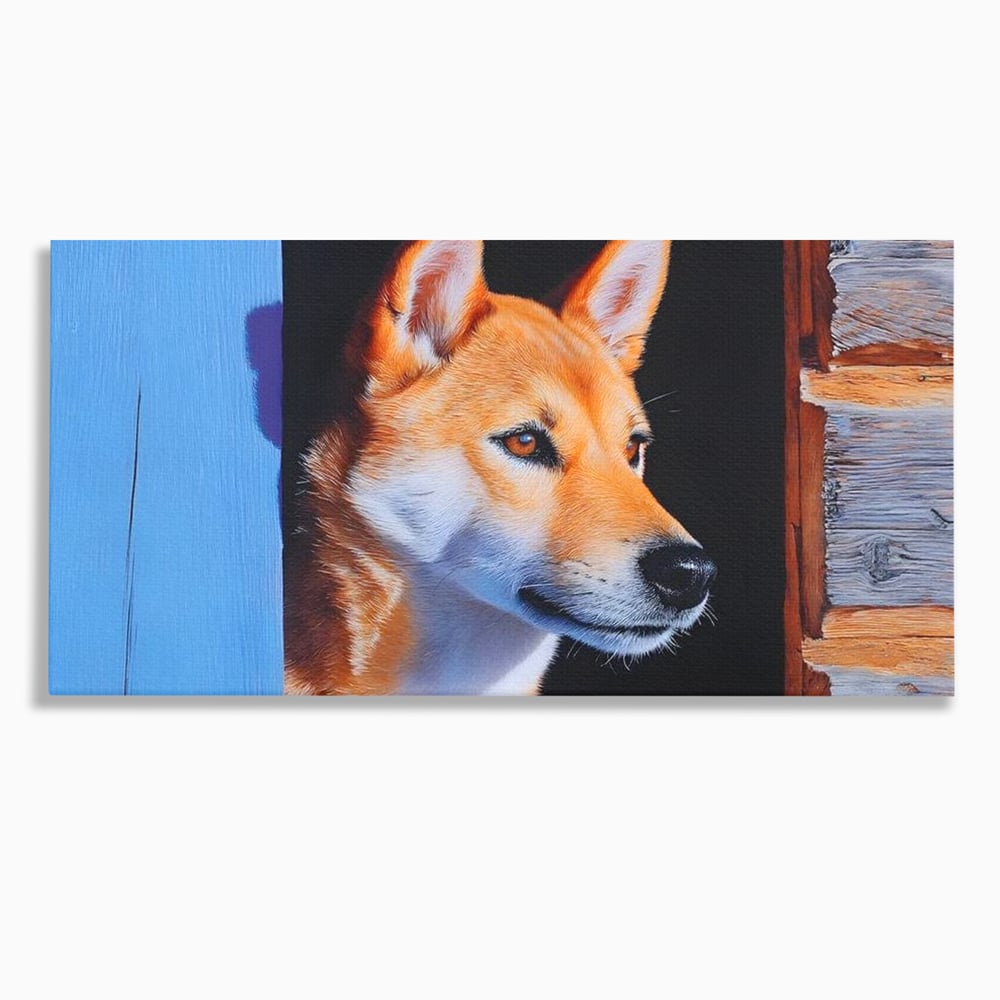 Tablou Canvas Premium, LuxCanva® M1295, Gardianul Zorilor, Rustic, Cabana, Lemn, Shiba, Catel, Zori, Privire, Profil, Umbra, Liniste, Portret, Birou, Living, Camera Copil