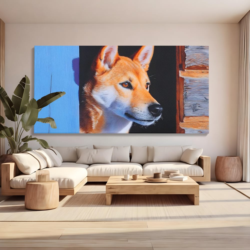 Tablou Canvas Premium, LuxCanva® M1295, Gardianul Zorilor, Rustic, Cabana, Lemn, Shiba, Catel, Zori, Privire, Profil, Umbra, Liniste, Portret, Birou, Living, Camera Copil