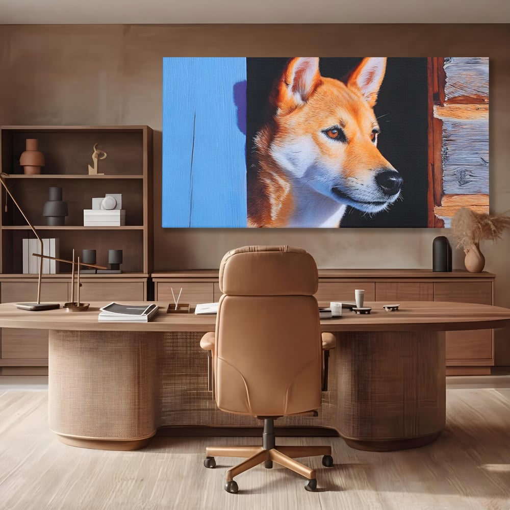 Tablou Canvas Premium, LuxCanva® M1295, Gardianul Zorilor, Rustic, Cabana, Lemn, Shiba, Catel, Zori, Privire, Profil, Umbra, Liniste, Portret, Birou, Living, Camera Copil