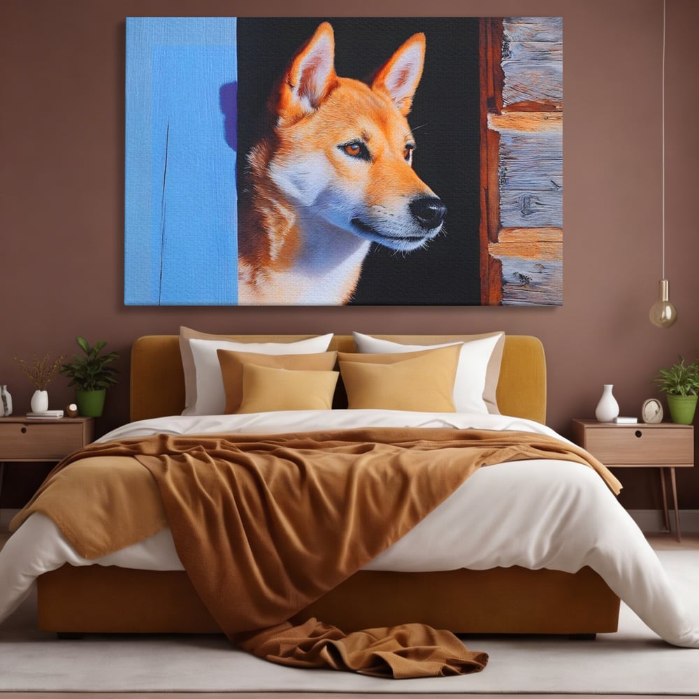Tablou Canvas Premium, LuxCanva® M1295, Gardianul Zorilor, Rustic, Cabana, Lemn, Shiba, Catel, Zori, Privire, Profil, Umbra, Liniste, Portret, Birou, Living, Camera Copil