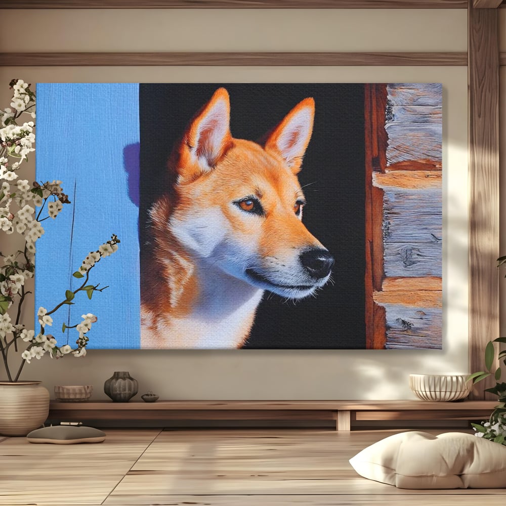 Tablou Canvas Premium, LuxCanva® M1295, Gardianul Zorilor, Rustic, Cabana, Lemn, Shiba, Catel, Zori, Privire, Profil, Umbra, Liniste, Portret, Birou, Living, Camera Copil