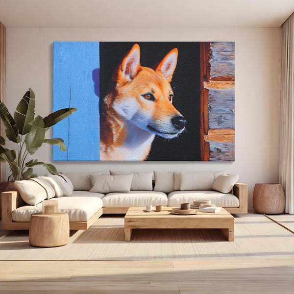 Tablou Canvas Premium, LuxCanva® M1295, Gardianul Zorilor, Rustic, Cabana, Lemn, Shiba, Catel, Zori, Privire, Profil, Umbra, Liniste, Portret, Birou, Living, Camera Copil