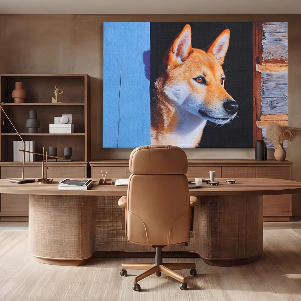 Tablou Canvas Premium, LuxCanva® M1295, Gardianul Zorilor, Rustic, Cabana, Lemn, Shiba, Catel, Zori, Privire, Profil, Umbra, Liniste, Portret, Birou, Living, Camera Copil