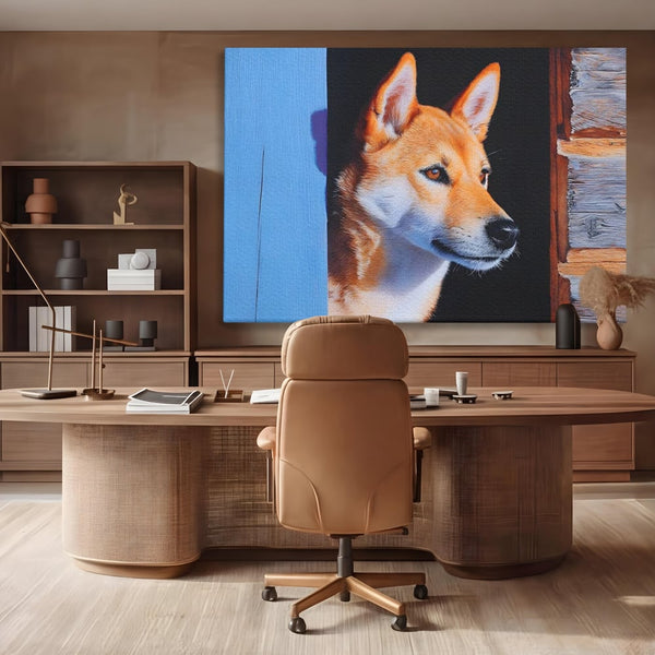 Tablou Canvas Premium, LuxCanva® M1295, Gardianul Zorilor, Rustic, Cabana, Lemn, Shiba, Catel, Zori, Privire, Profil, Umbra, Liniste, Portret, Birou, Living, Camera Copil