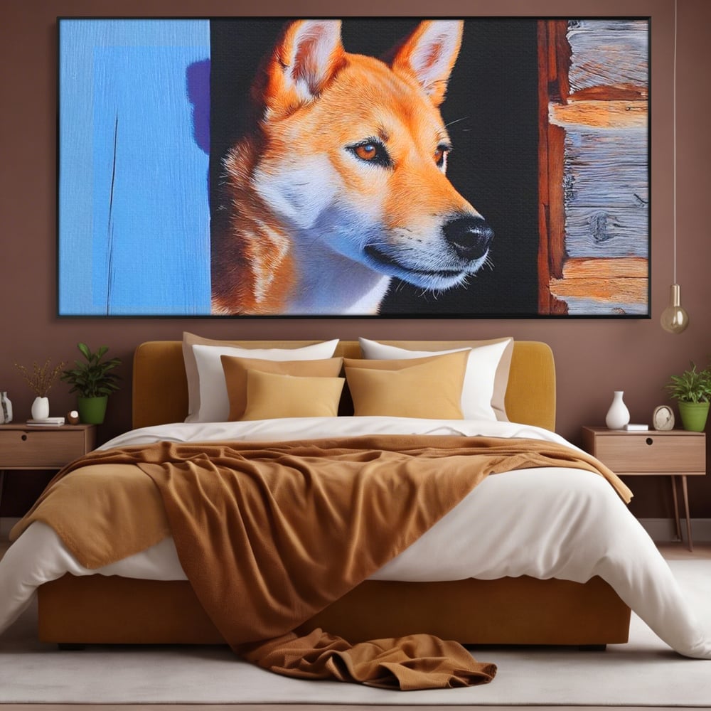 Tablou Canvas Premium, LuxCanva® M1295, Gardianul Zorilor, Rustic, Cabana, Lemn, Shiba, Catel, Zori, Privire, Profil, Umbra, Liniste, Portret, Birou, Living, Camera Copil