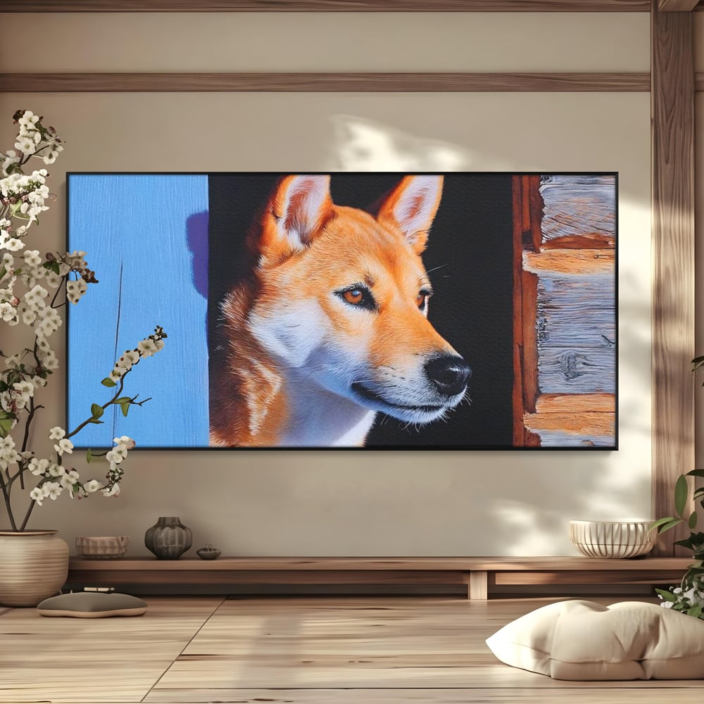 Tablou Canvas Premium, LuxCanva® M1295, Gardianul Zorilor, Rustic, Cabana, Lemn, Shiba, Catel, Zori, Privire, Profil, Umbra, Liniste, Portret, Birou, Living, Camera Copil